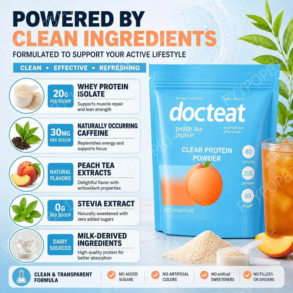 Docteat Clear Protein Powder Peach Tea Whey Protein Isolate for Muscle Recovery Support 20g Protein Per Scoop 30mg Caffeine 455g