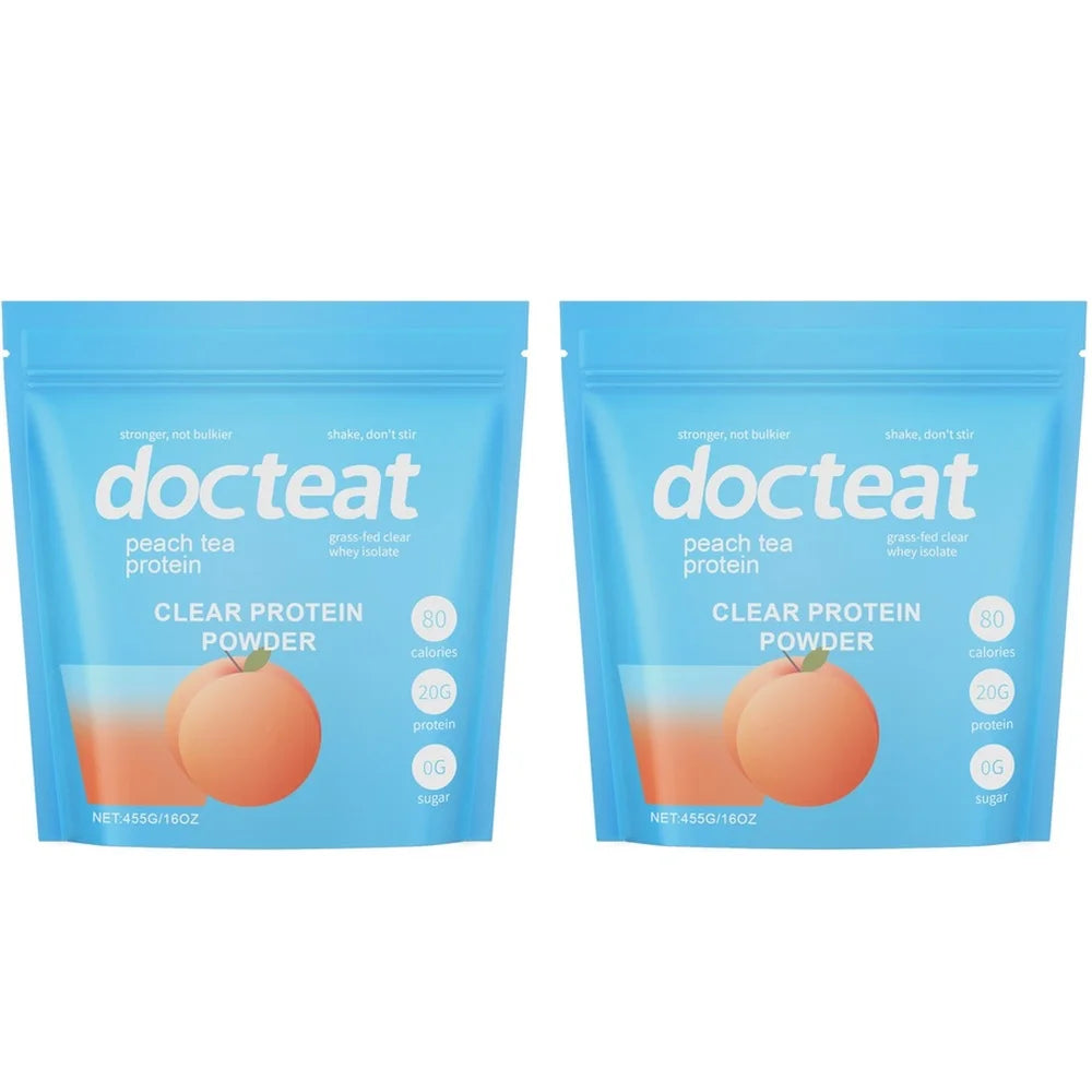 Docteat Clear Protein Powder Peach Tea Whey Protein Isolate for Muscle Recovery Support 20g Protein Per Scoop 30mg Caffeine 455g