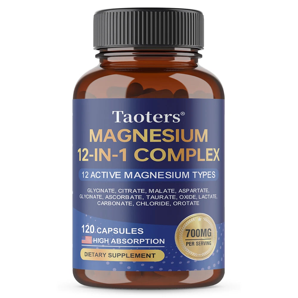Magnesium 12-in-1 Complex Supplement – 700mg High Absorption Glycinate, Citrate, Malate & Taurate Blend for Muscle, Nerve, Sleep