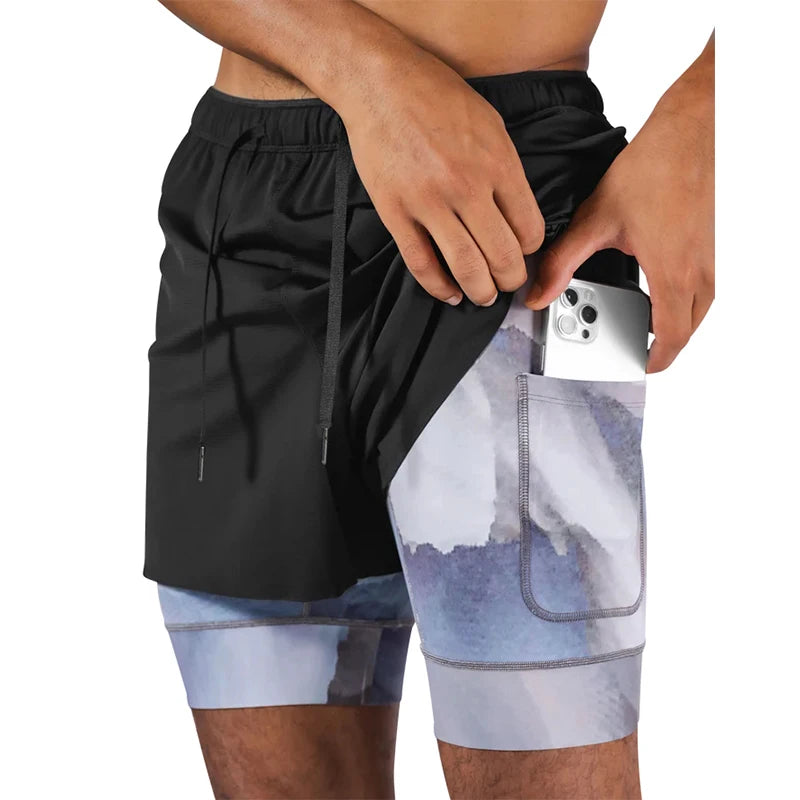 Pantalones cortos deportivos de doble capa para hombre, Shorts 2 en 1 de secado rápido para entrenamiento, gimnasio, trotar,
