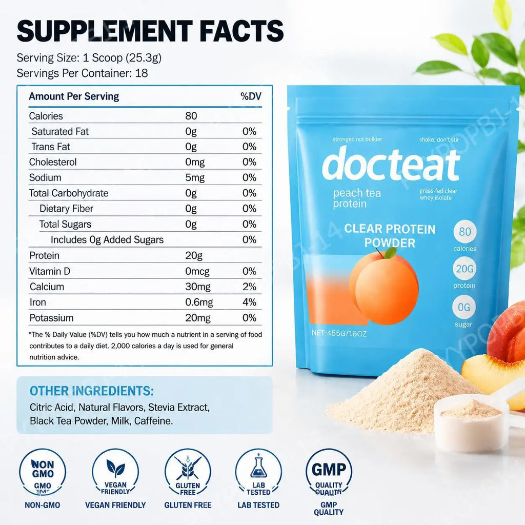 Docteat Clear Protein Powder Peach Tea Whey Protein Isolate for Muscle Recovery Support 20g Protein Per Scoop 30mg Caffeine 455g