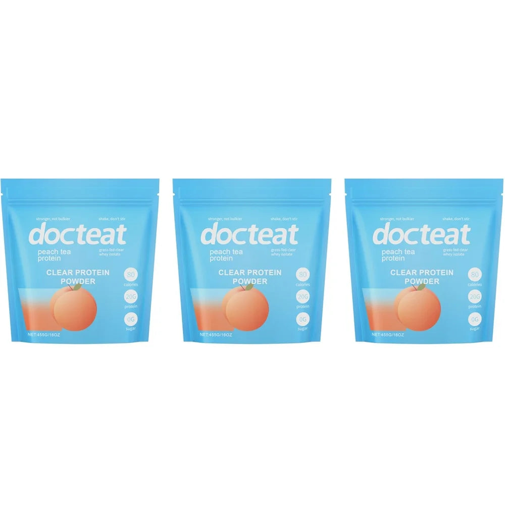 Docteat Clear Protein Powder Peach Tea Whey Protein Isolate for Muscle Recovery Support 20g Protein Per Scoop 30mg Caffeine 455g