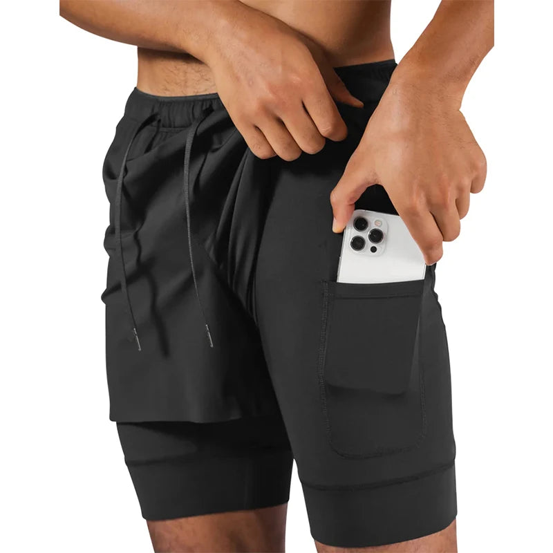 Pantalones cortos deportivos de doble capa para hombre, Shorts 2 en 1 de secado rápido para entrenamiento, gimnasio, trotar,