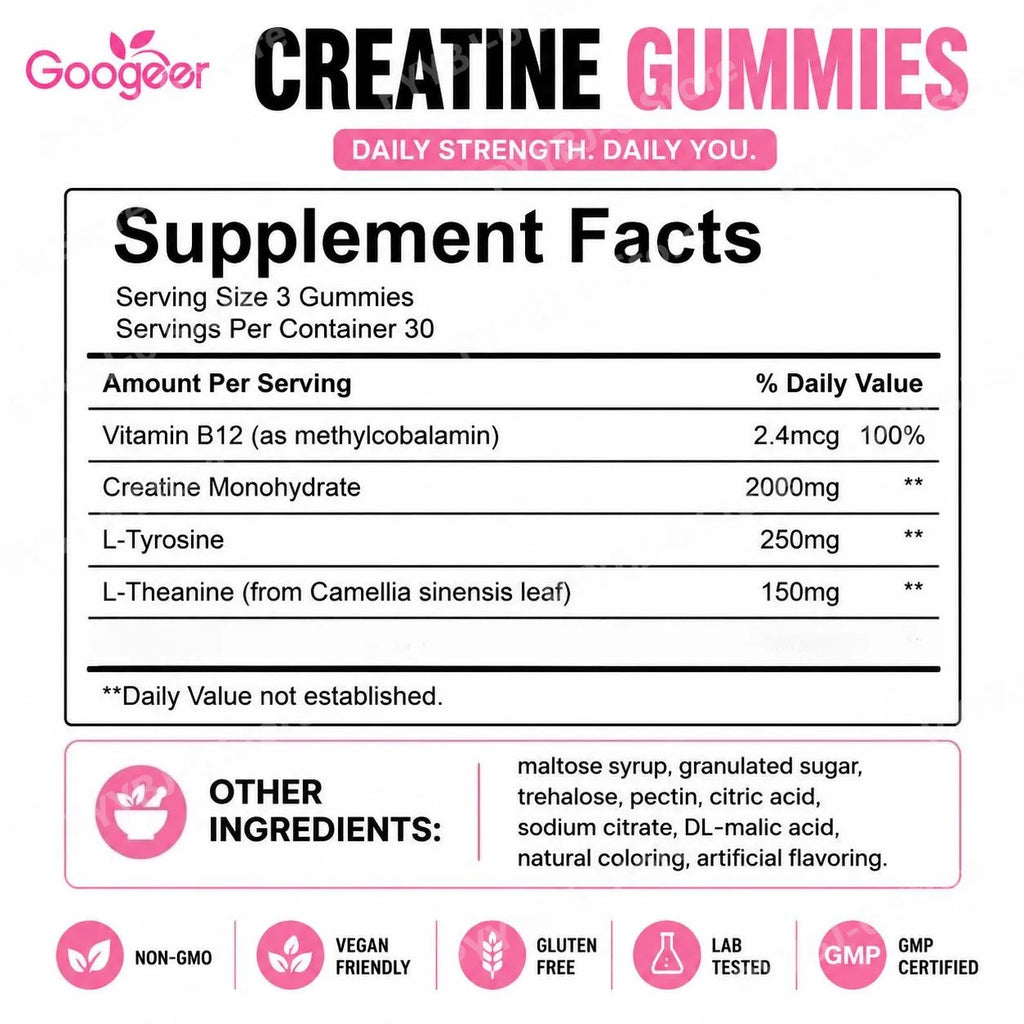 Creatine Monohydrate Gummies 2000mg with Vitamin B12 L Tyrosine L Theanine for Energy Fitness Training Support 90 Count