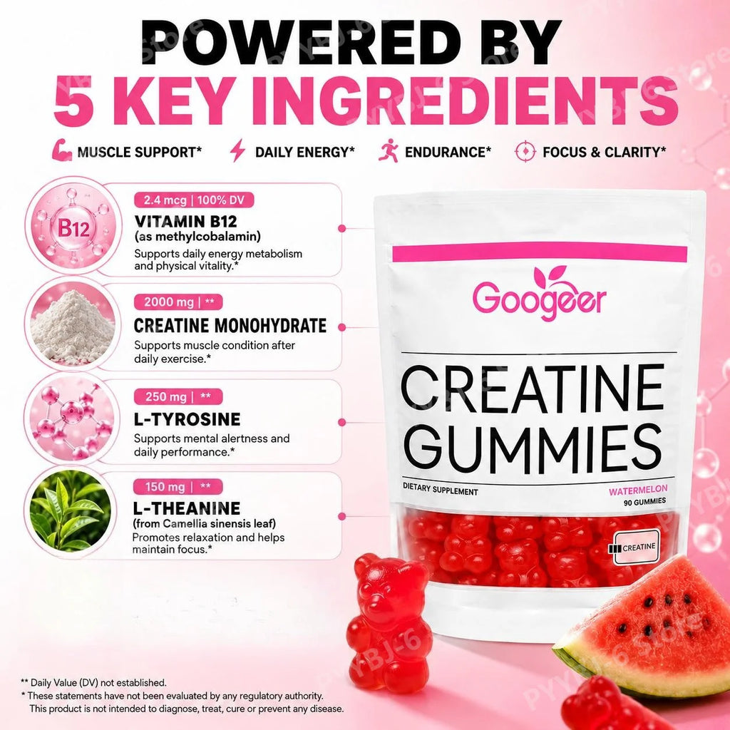 Creatine Monohydrate Gummies 2000mg with Vitamin B12 L Tyrosine L Theanine for Energy Fitness Training Support 90 Count