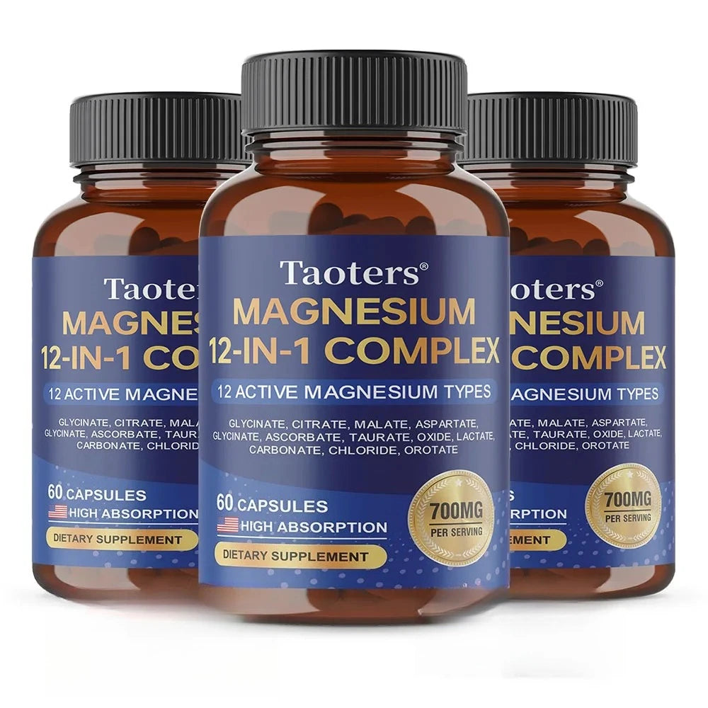 Magnesium 12-in-1 Complex Supplement – 700mg High Absorption Glycinate, Citrate, Malate & Taurate Blend for Muscle, Nerve, Sleep