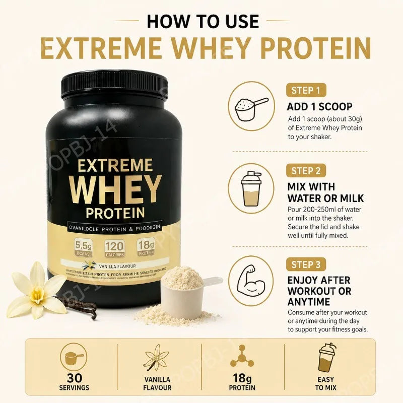 Premium Whey Protein 18g Protein 5.5g BCAAs Per Serving Post Workout Recovery Support Vanilla Flavor 1000g Daily Use