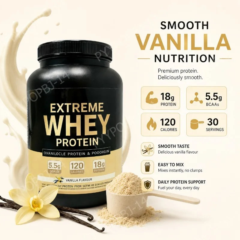 Premium Whey Protein 18g Protein 5.5g BCAAs Per Serving Post Workout Recovery Support Vanilla Flavor 1000g Daily Use