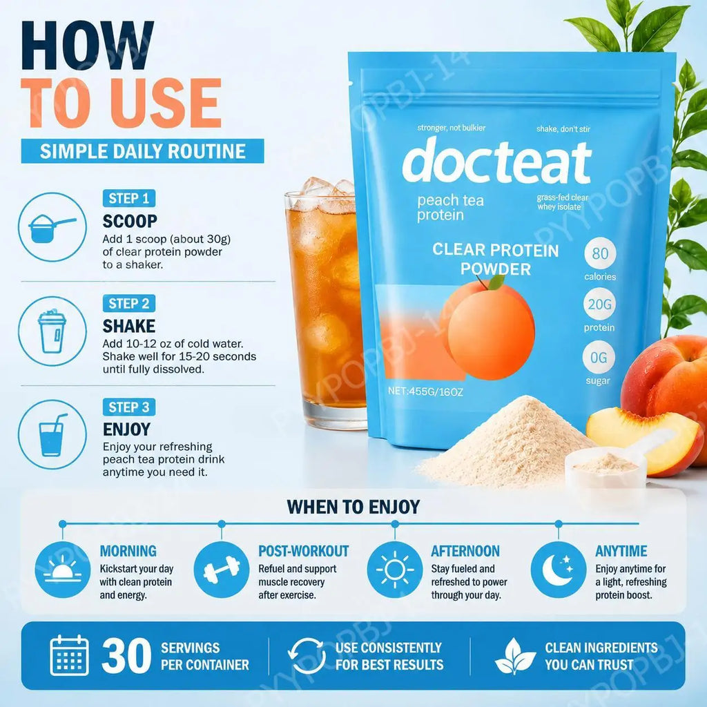 Docteat Clear Protein Powder Peach Tea Whey Protein Isolate for Muscle Recovery Support 20g Protein Per Scoop 30mg Caffeine 455g