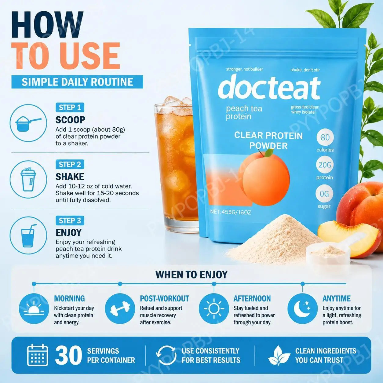 Docteat Clear Protein Powder Peach Tea Whey Protein Isolate for Muscle Recovery Support 20g Protein Per Scoop 30mg Caffeine 455g