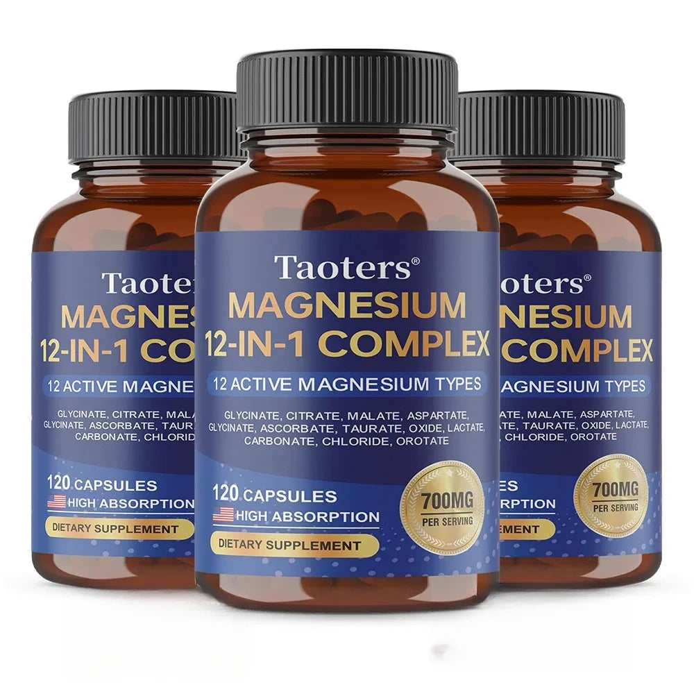 Magnesium 12-in-1 Complex Supplement – 700mg High Absorption Glycinate, Citrate, Malate & Taurate Blend for Muscle, Nerve, Sleep