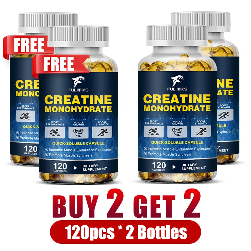 Buy 2 Get 2 Free! Premium Creatine Monohydrate Capsules, Support Muscle Growth, Strength Gains & Exercise Performance, Men