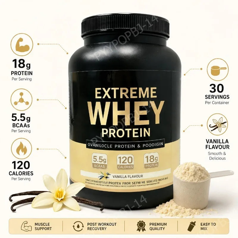 Premium Whey Protein 18g Protein 5.5g BCAAs Per Serving Post Workout Recovery Support Vanilla Flavor 1000g Daily Use