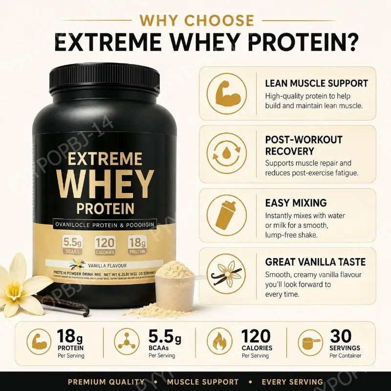Premium Whey Protein 18g Protein 5.5g BCAAs Per Serving Post Workout Recovery Support Vanilla Flavor 1000g Daily Use