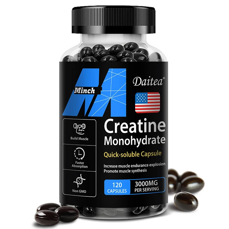 Creatine Monohydrate - Promotes Muscle Mass, Muscle Strength and Athletic Performance, 30/60/120 Capsules, Non-GMO, Gluten-Free