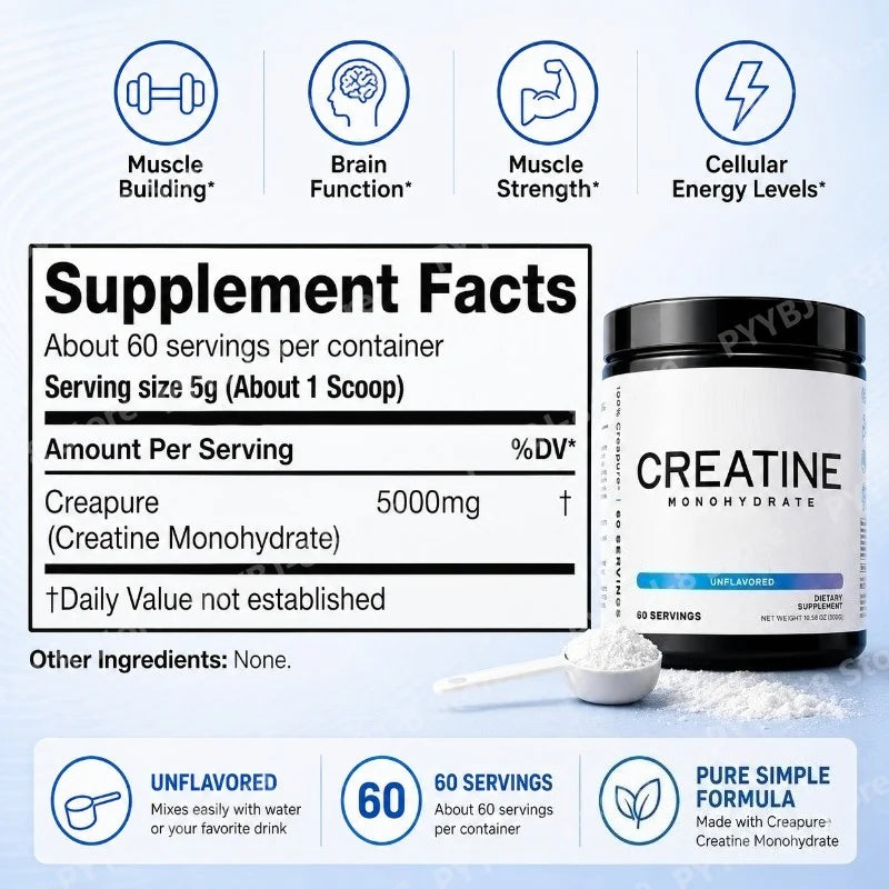 Creatine Powder 300g Supplement with 5000mg Creatine Monohydrate Help Build Muscles and Increase Energy — Unflavored Gluten Free