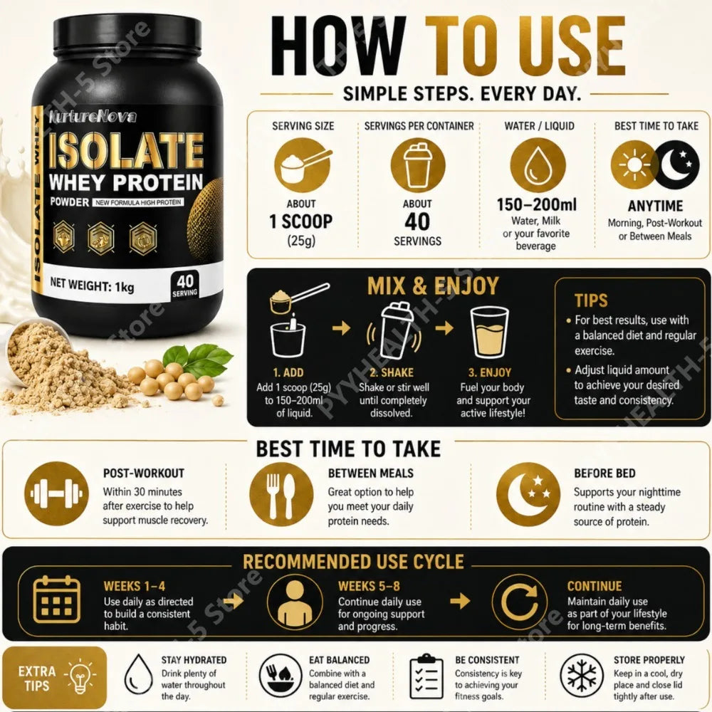 Isolate Whey Protein Powder 1kg High Protein Sports Nutrition Shake Fast Mixing, Daily Fitness Nutrition 40 Servings Vanilla