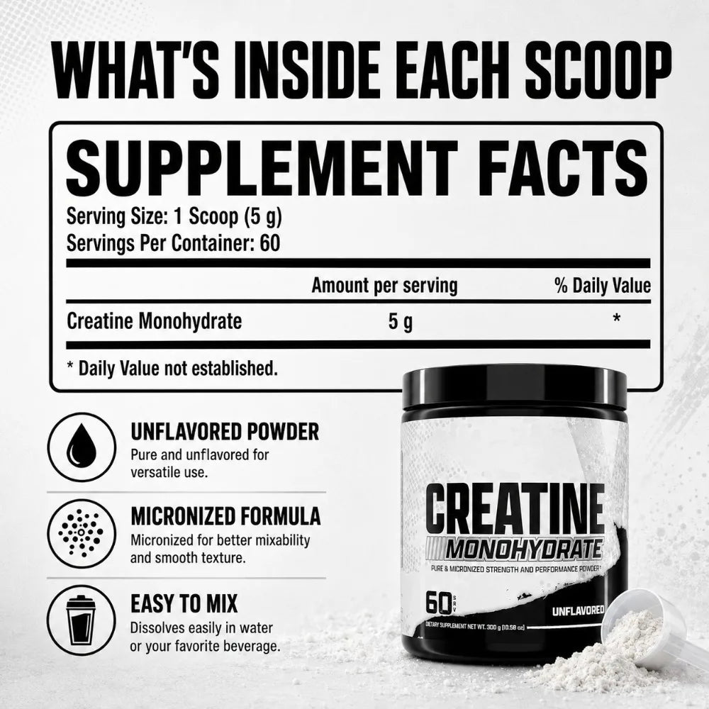 Creatine Monohydrate Powder 5g Pure Micronized Unflavored Sports Nutrition Supplement Workout Performance Support 300g