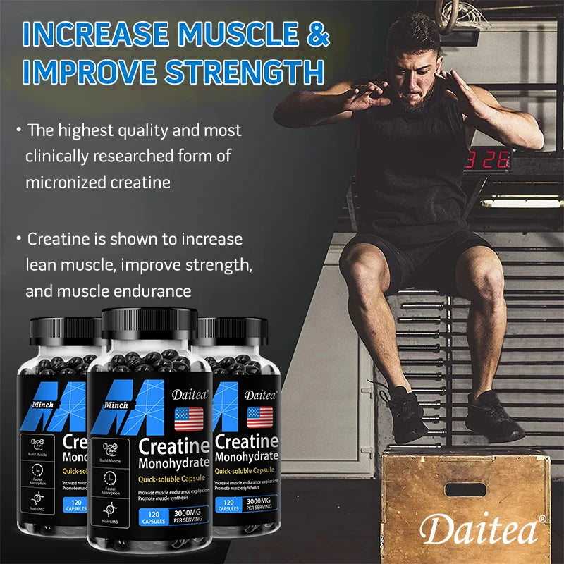 Creatine Monohydrate - Promotes Muscle Mass, Muscle Strength and Athletic Performance, 30/60/120 Capsules, Non-GMO, Gluten-Free