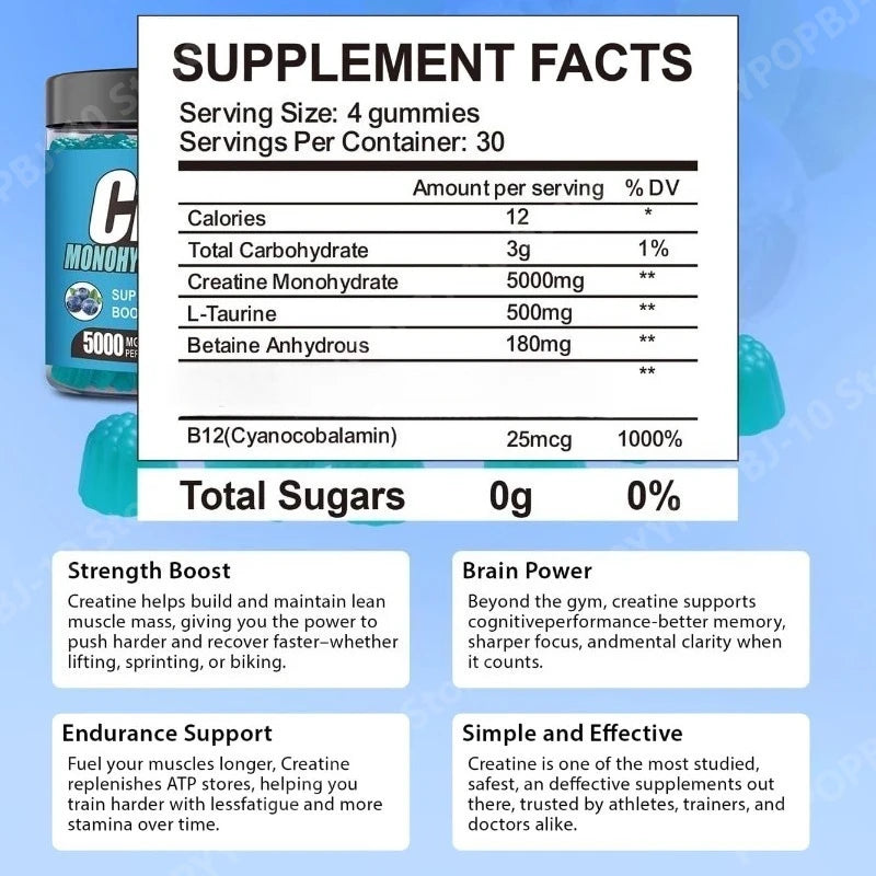 Creatine Gummies Blueberry Flavor Daily Vitality Support 120 Count Dietary Supplement