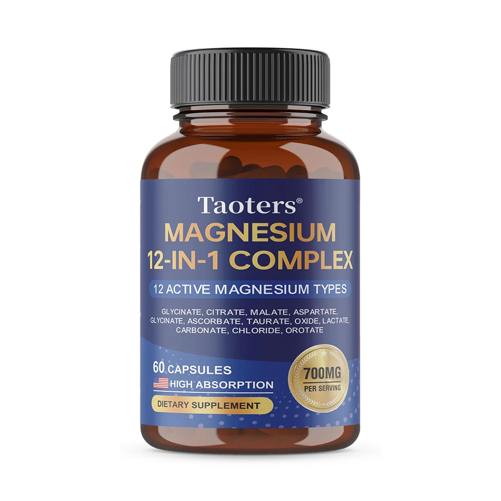 Magnesium 12-in-1 Complex Supplement – 700mg High Absorption Glycinate, Citrate, Malate & Taurate Blend for Muscle, Nerve, Sleep