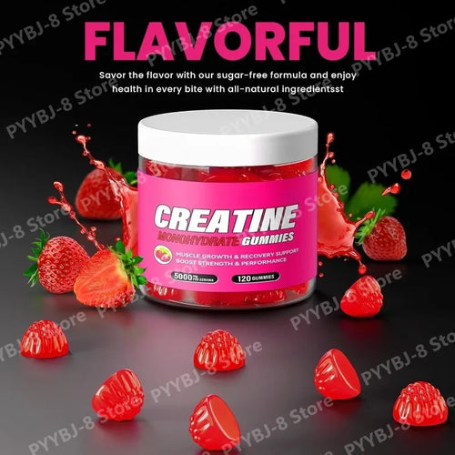 120 Count Creatine Monohydrate Gummies 5000mg Strawberry Flavor Support Muscle Growth and Post Exercise Recovery 0g Sugar Vegan