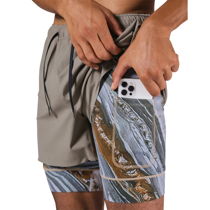 Pantalones cortos deportivos de doble capa para hombre, Shorts 2 en 1 de secado rápido para entrenamiento, gimnasio, trotar,