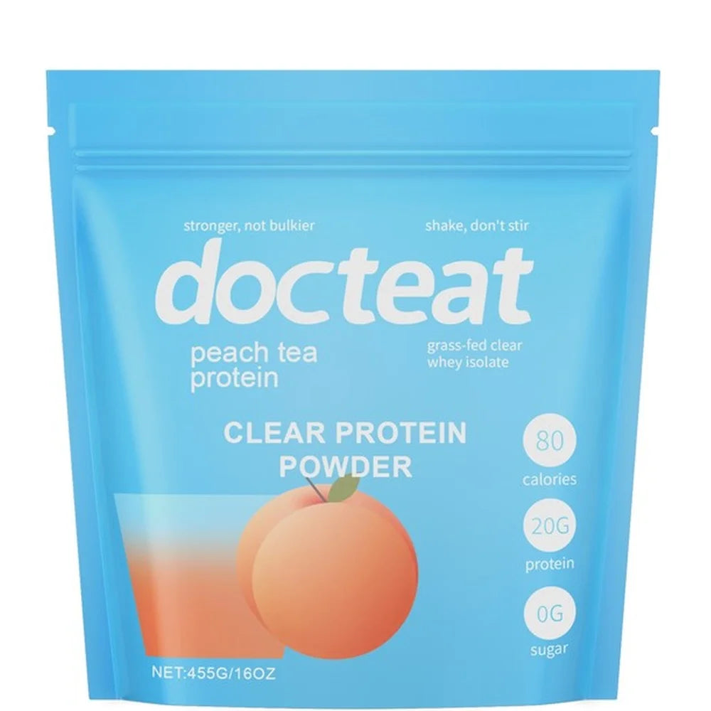 Docteat Clear Protein Powder Peach Tea Whey Protein Isolate for Muscle Recovery Support 20g Protein Per Scoop 30mg Caffeine 455g